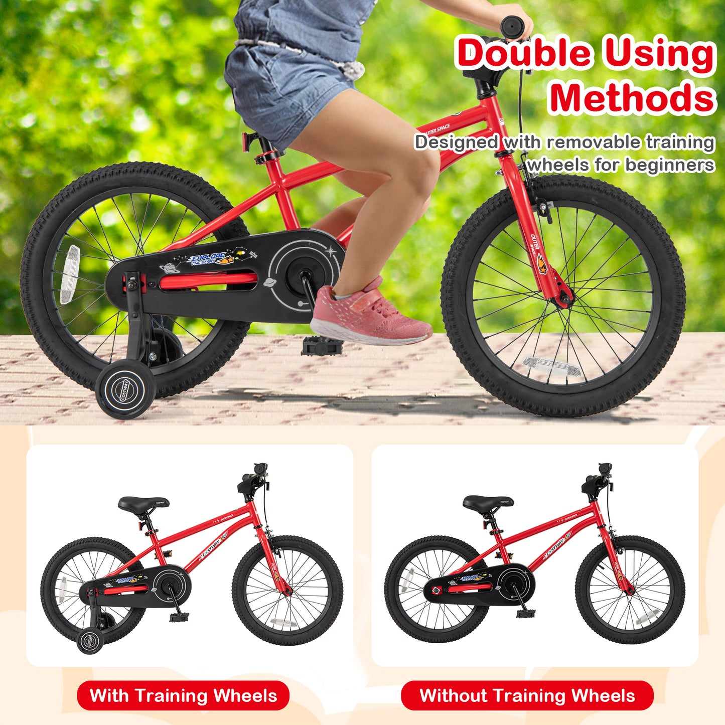 Red 18-inch kids bike with handbrake, coaster brake, and bell ring, designed for children ages 3 to 8.