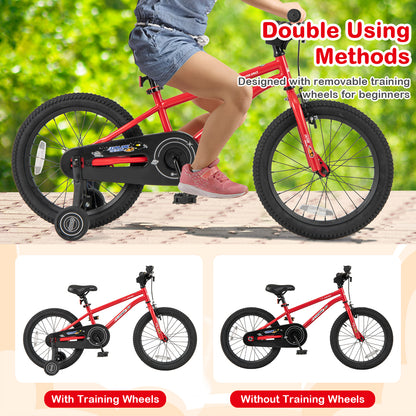 Red 18-inch kids bike with handbrake, coaster brake, and bell ring, designed for children ages 3 to 8.