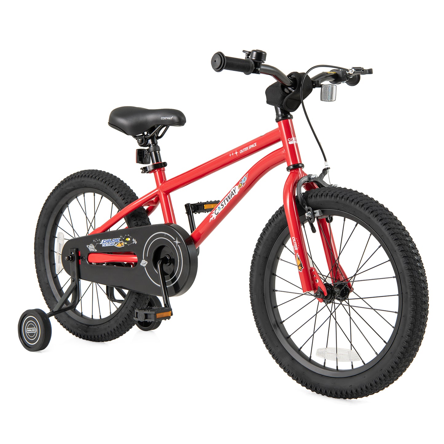 Red 18-inch kids bike for ages 3-8 with handbrake, coaster brake, and bell, designed for safe, fun riding.