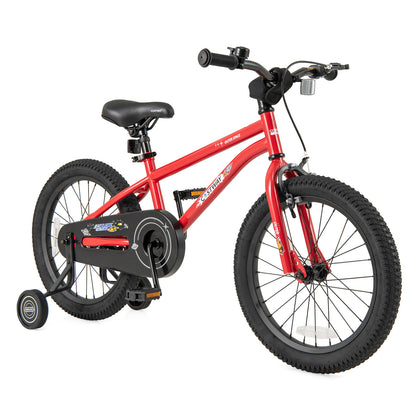 Red 18-inch kids bike for ages 3-8 with handbrake, coaster brake, and bell, designed for safe, fun riding.