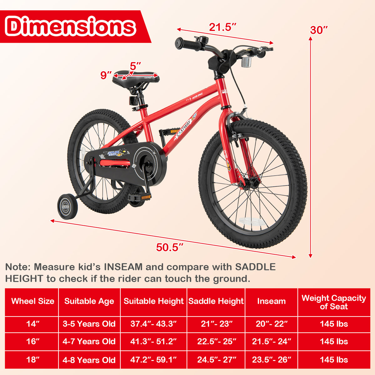 Red 18-inch kids bike with bell, handbrake, and coaster brake for ages 3-8, suitable for beginner riders.