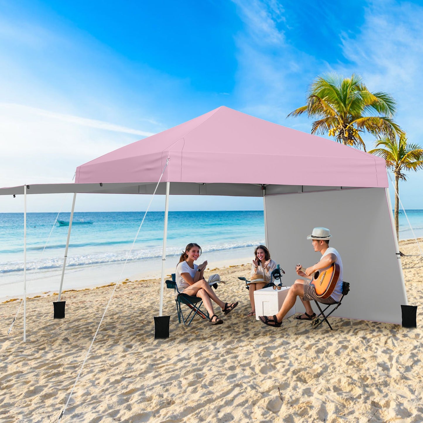 14 x 9.2 Feet Pop up Canopy Tent with 2 Convertible Sidewalls to Awning and Stakes-Blue
