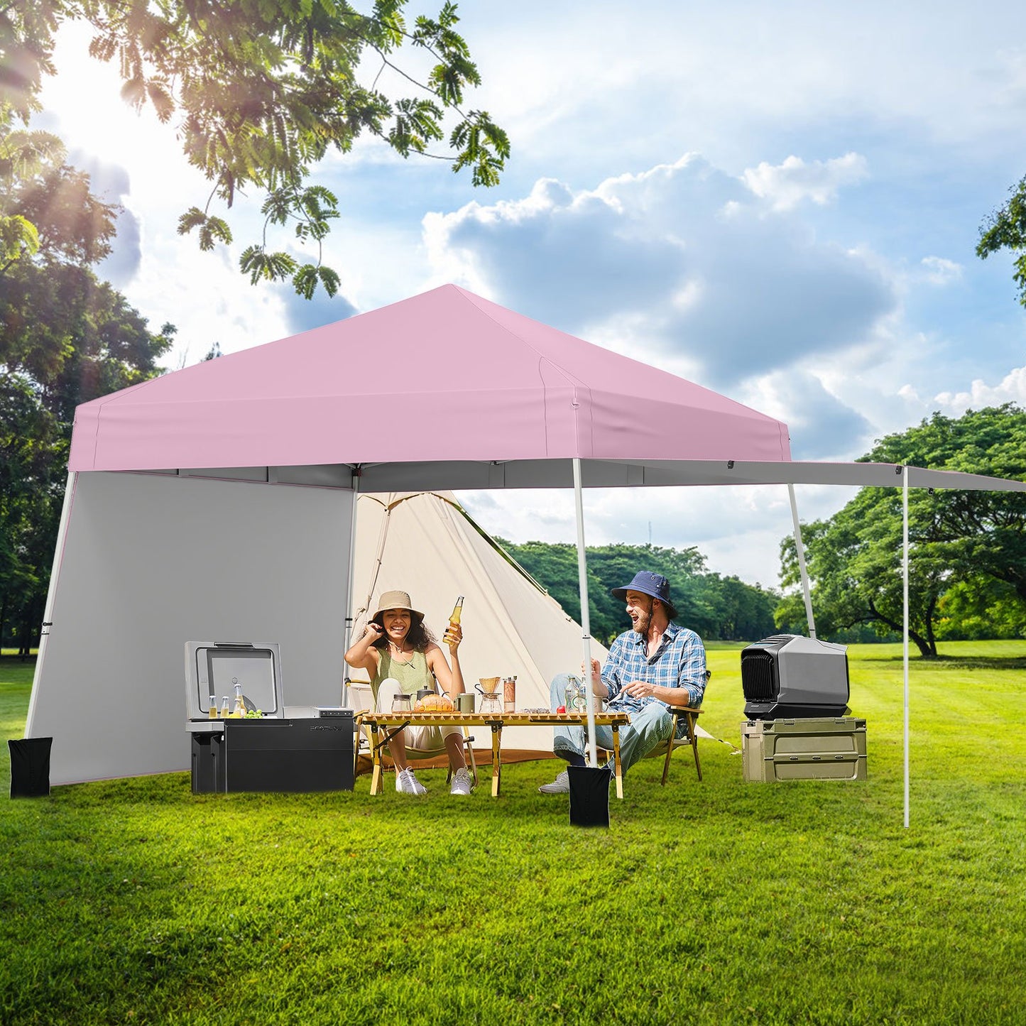 14 x 9.2 Feet Pop up Canopy Tent with 2 Convertible Sidewalls to Awning and Stakes-Blue