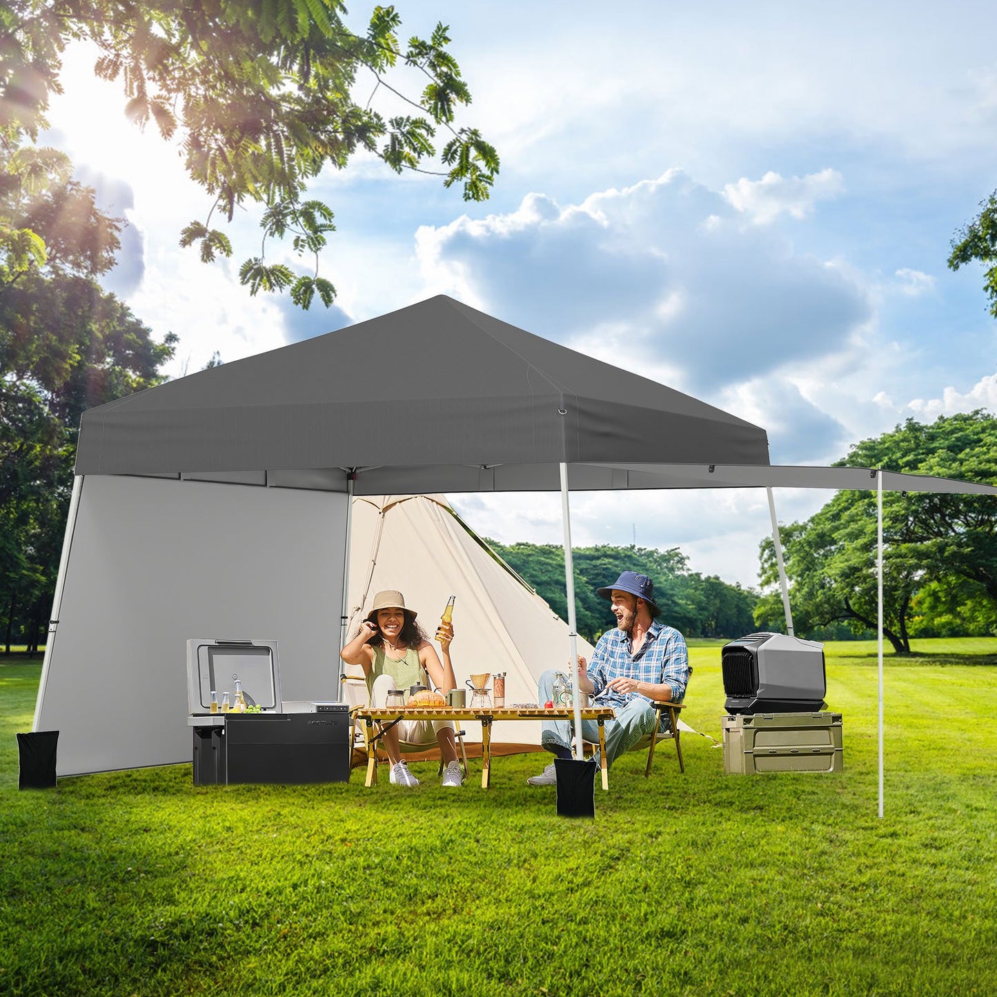 14 x 9.2 Feet Pop up Canopy Tent with 2 Convertible Sidewalls to Awning and Stakes-Blue