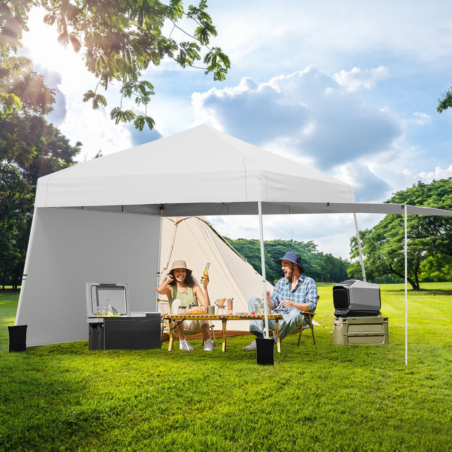 14 x 9.2 Feet Pop up Canopy Tent with 2 Convertible Sidewalls to Awning and Stakes-Blue
