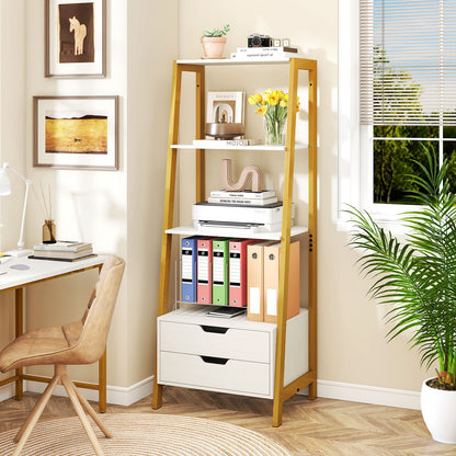 4-Tier Ladder Shelf with 2 Drawers 52.5 Inch Tall Freestanding Bookcase-Rustic Brown
