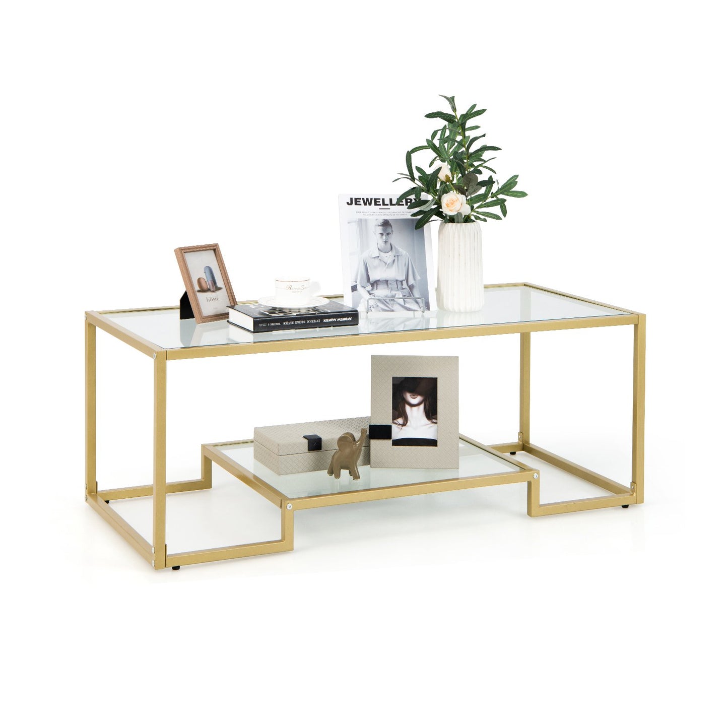 Modern Rectangular Coffee Table with Glass Table Top-Black