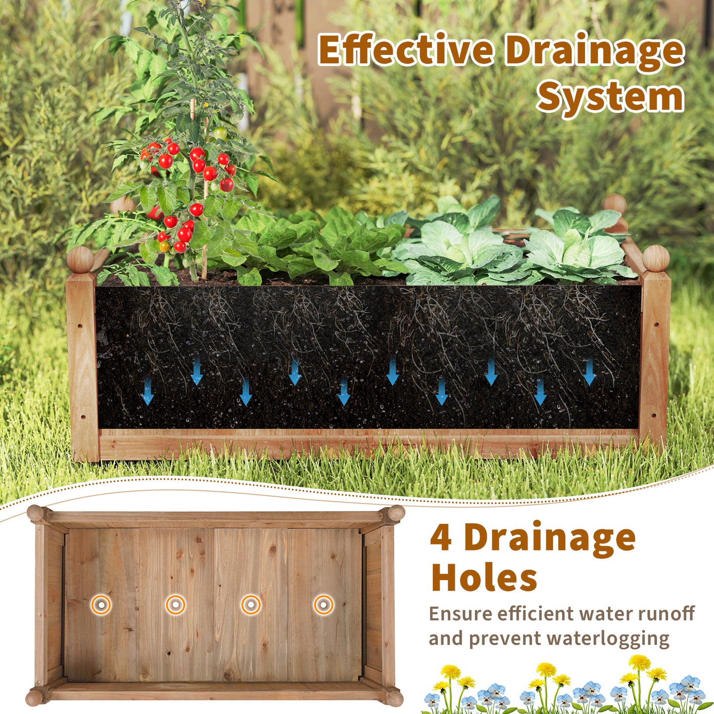 46 x 24 x 16 Inch Rectangular Planter Box with Drainage Holes for Backyard Garden Lawn-Brown