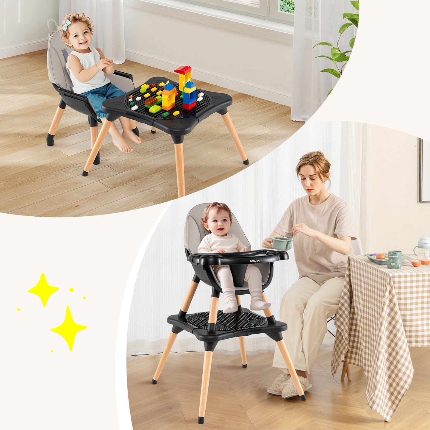 5-in-1 Baby Wooden Convertible High Chair -Khaki