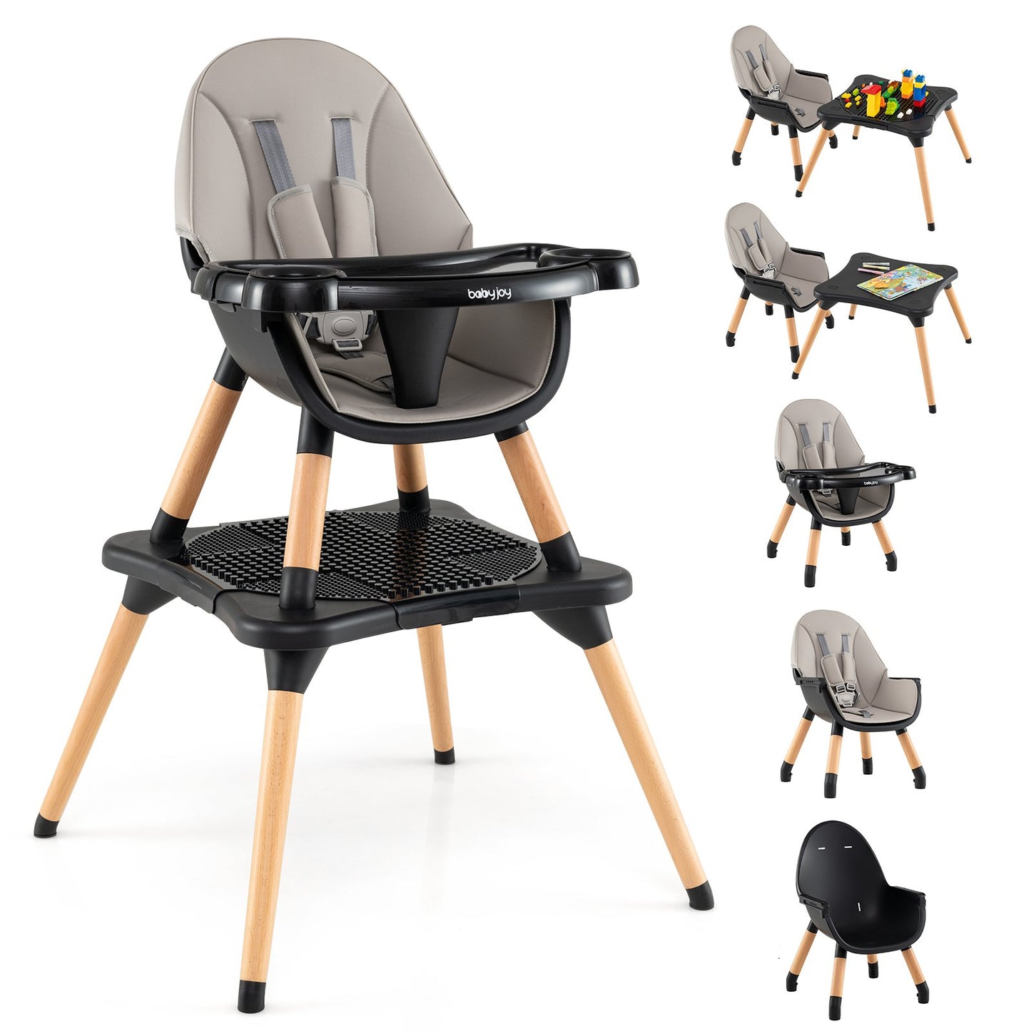 5-in-1 Baby Wooden Convertible High Chair -Khaki