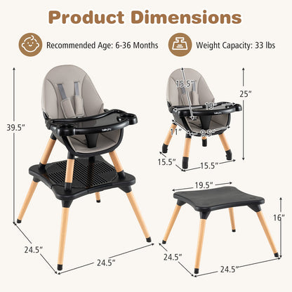 5-in-1 Baby Wooden Convertible High Chair -Khaki