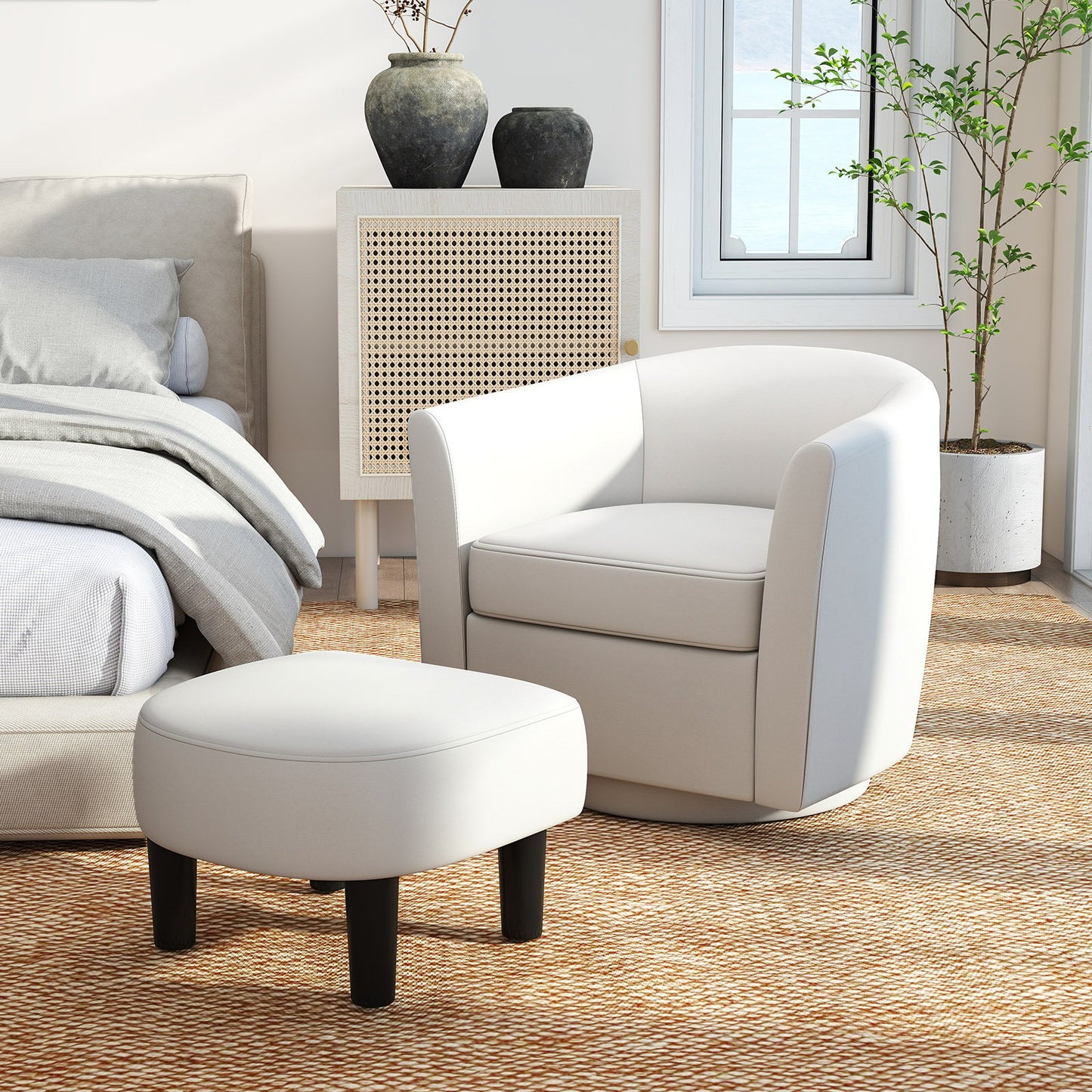Modern Club Swivel Accent Chair with Ottoman Footrest Curved Backrest-Brown