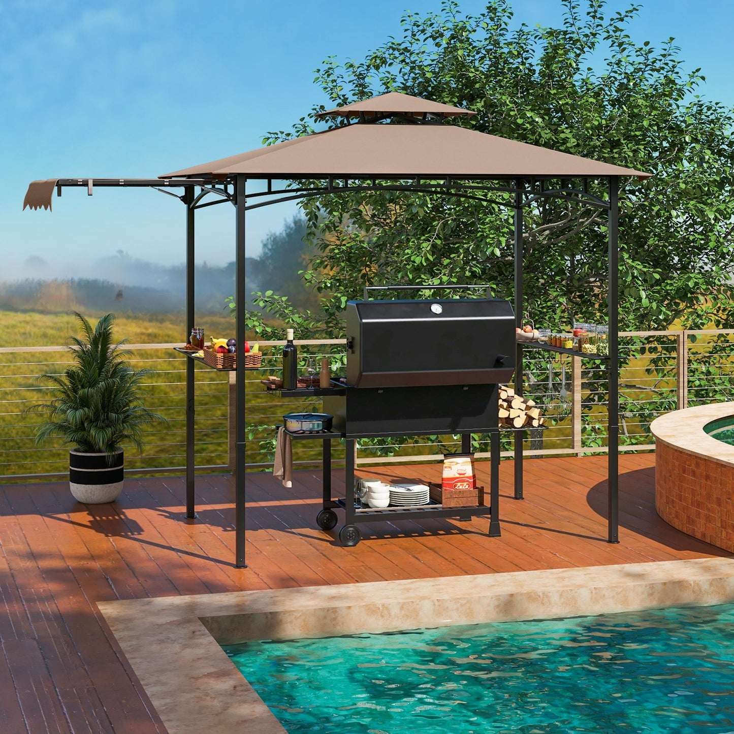 11 x 5 FT Grill Gazebo with Side Awning and Double-Tiered Top-Beige