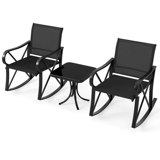 3 Piece Patio Rocking Set with Smooth Rocking Motion Outdoor Rocker Chair Bistro Set-Black