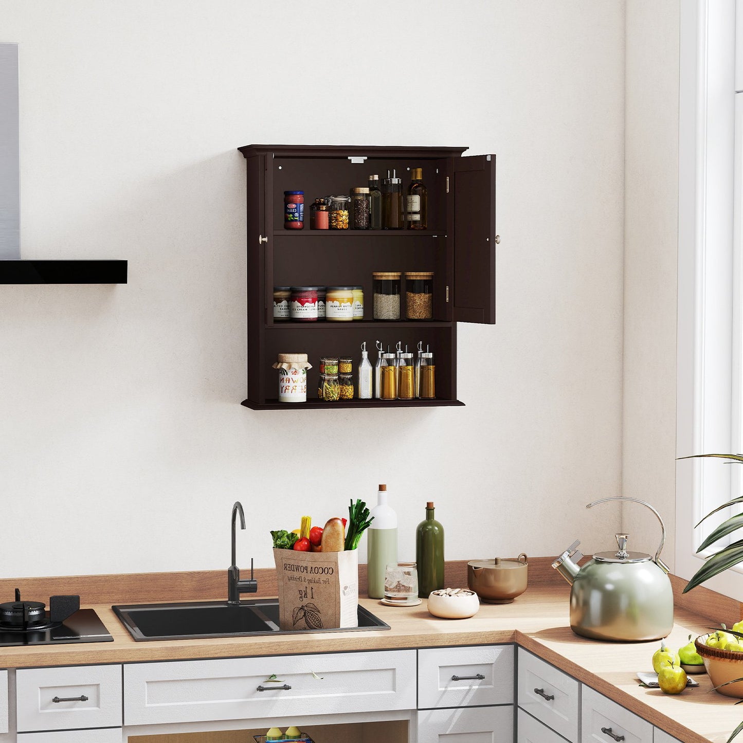 Wall Mount Bathroom Cabinet Storage Organizer with Doors and Shelves-Black