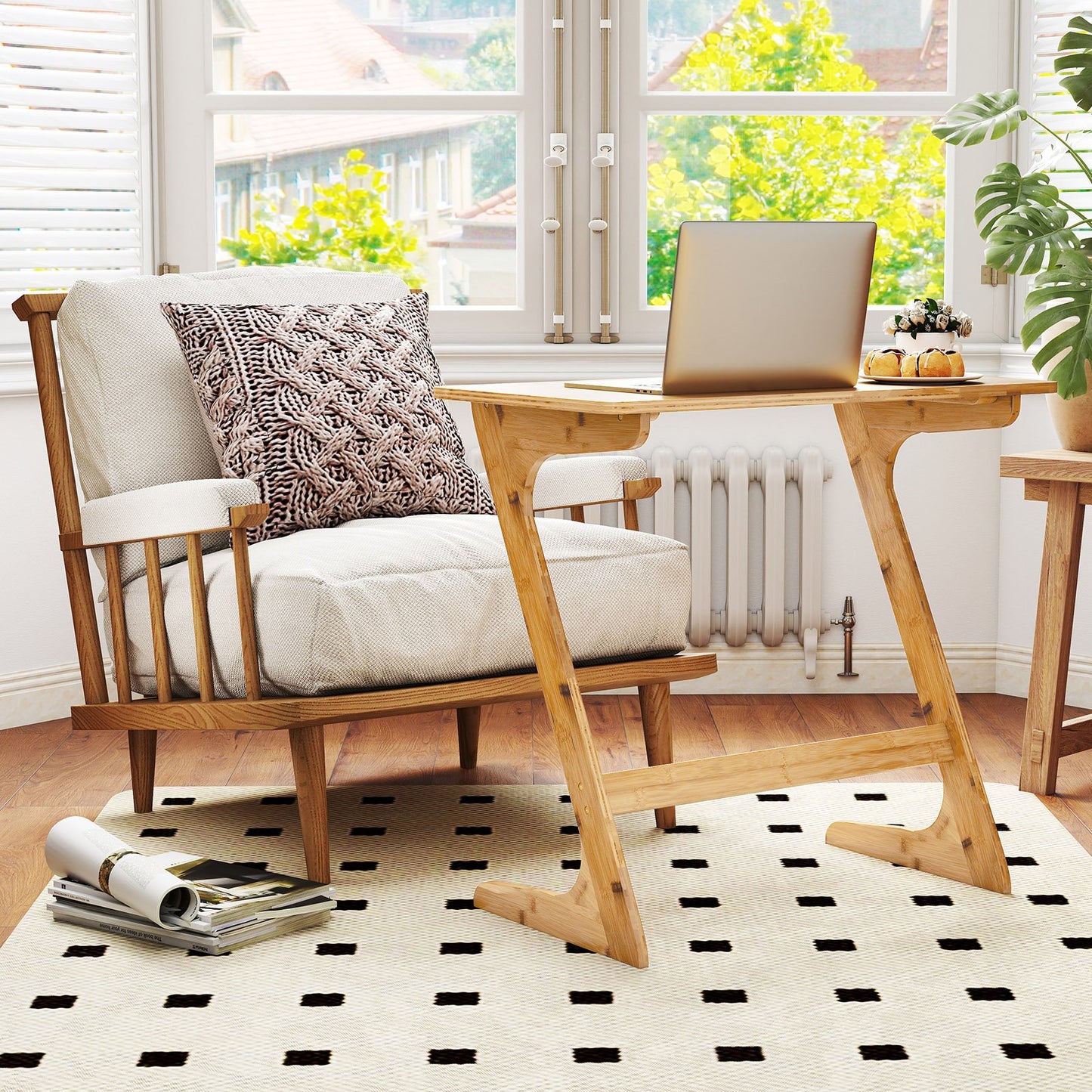 Bamboo Z-Shaped Spacious Sofa Side Table with Space-Saving Tabletop-Brown