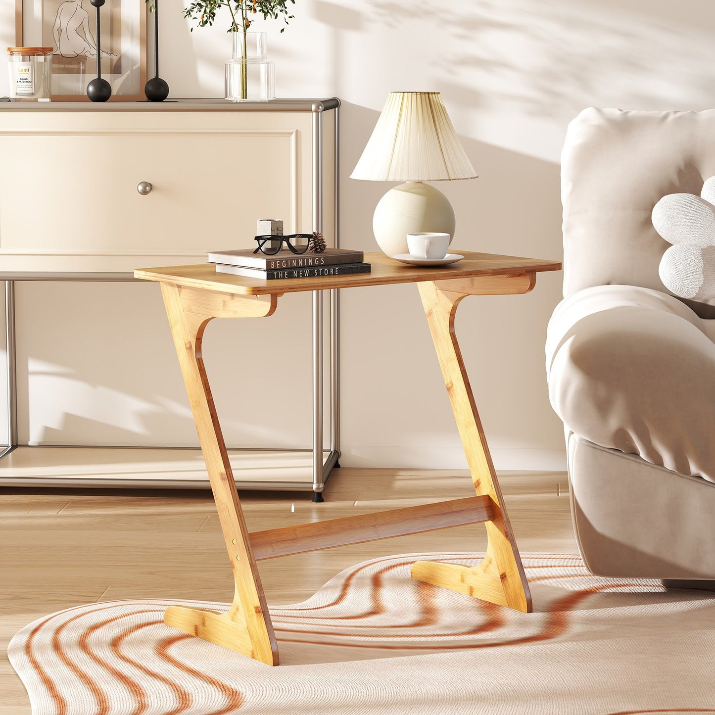 Bamboo Z-Shaped Spacious Sofa Side Table with Space-Saving Tabletop-Brown