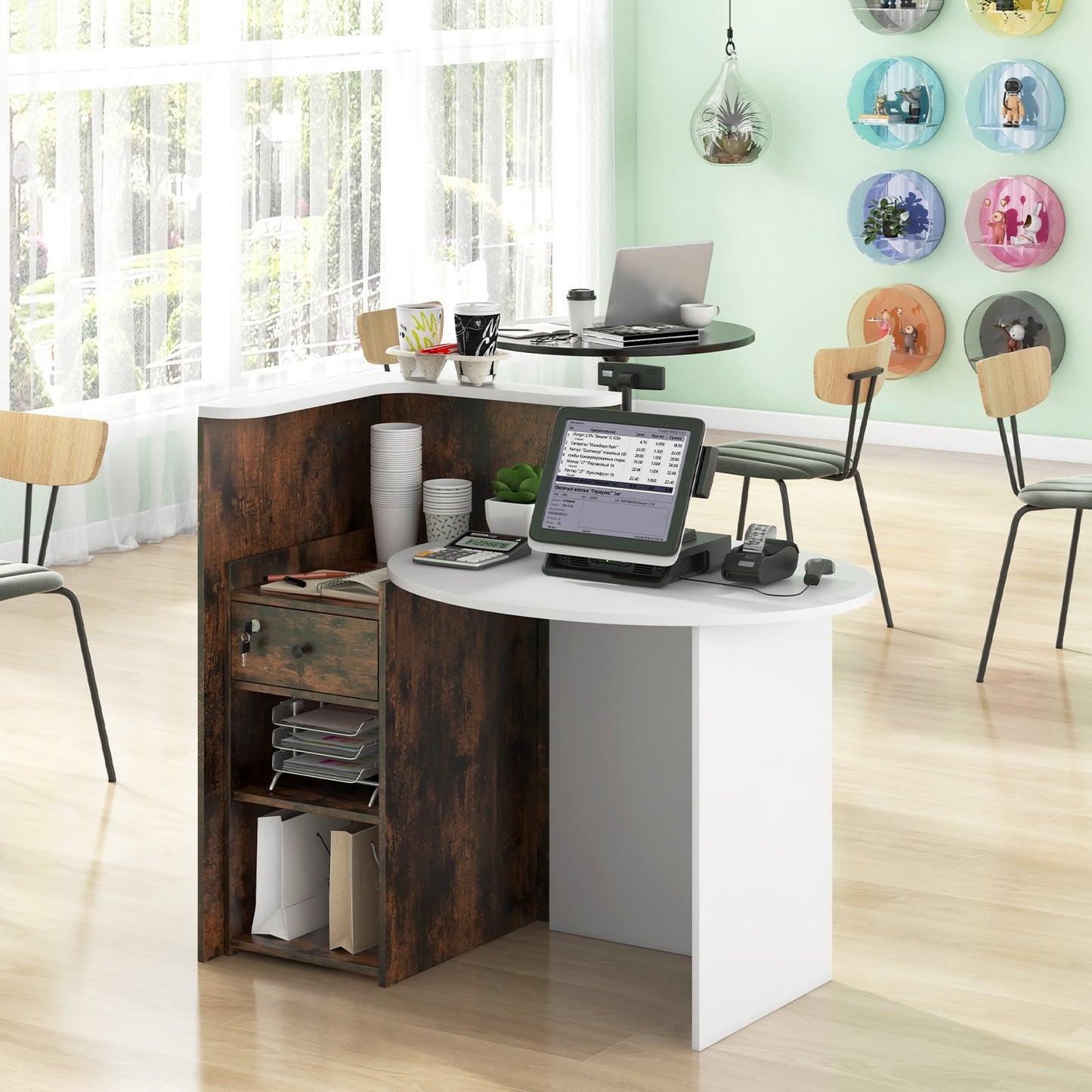 Reception Office Desk with Open Shelf and Lockable Drawer-Black