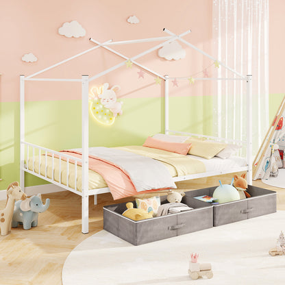 Full Size Metal House Bed with 2 Fabric Drawers for Kids-Black