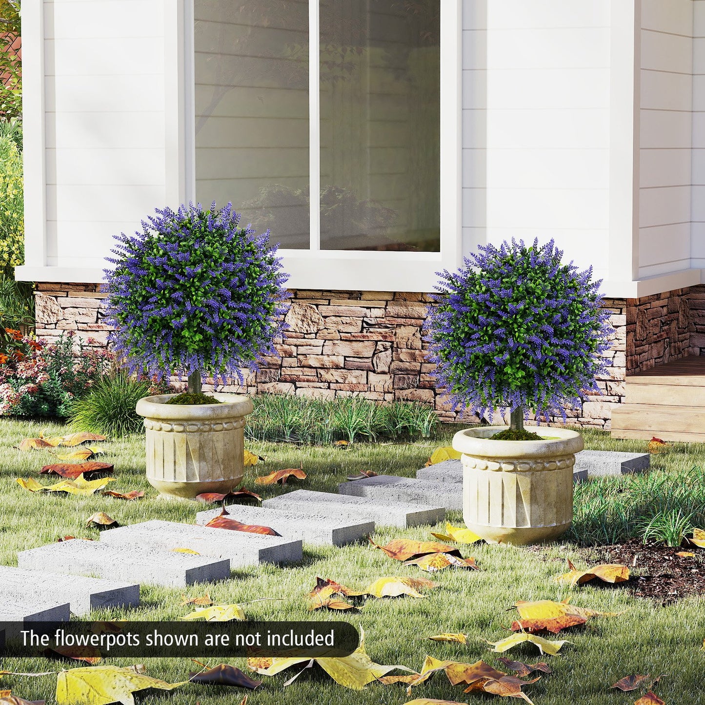 23 Inch Set of 2 Artificial Lavender Topiary Ball Trees with Cement-Filled Pot-Purple