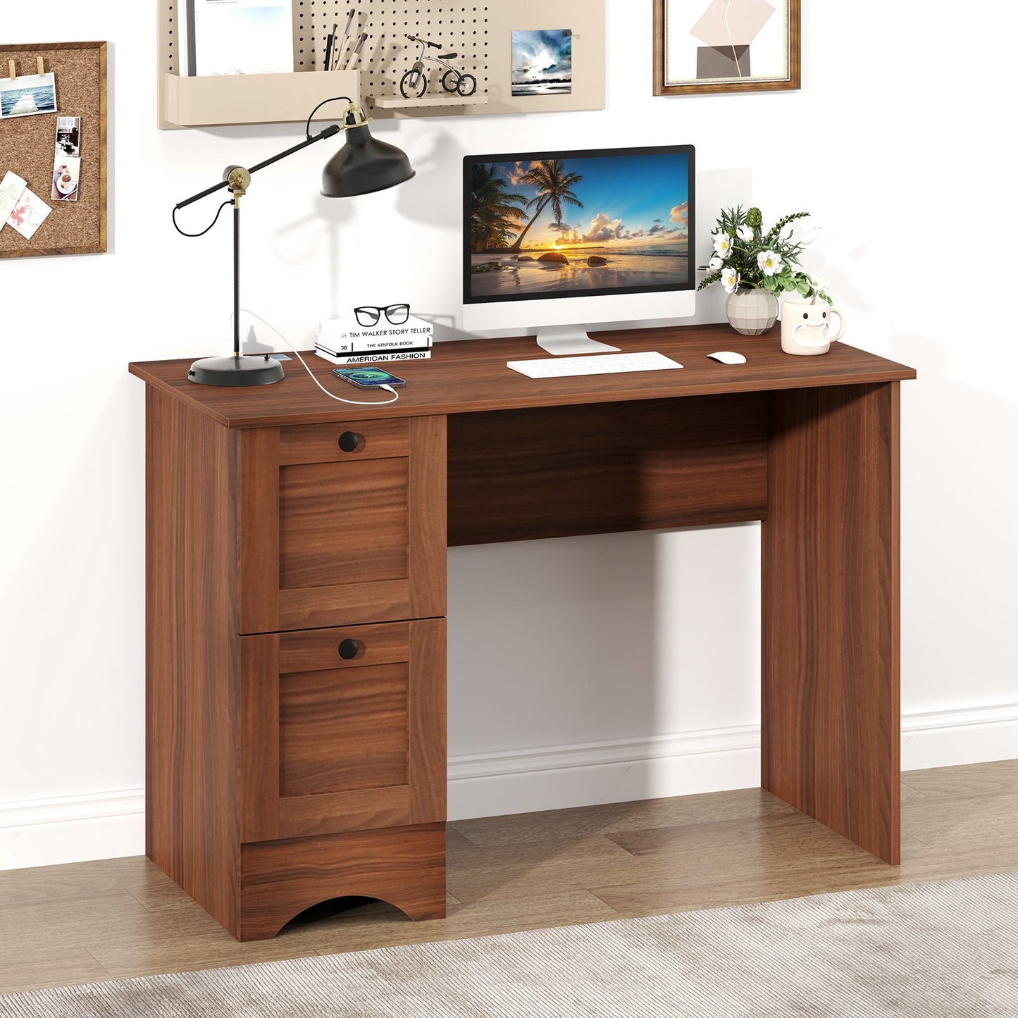 Wooden Computer Desk Workstation with 3 Drawers for Home and Office-Rustic Brown