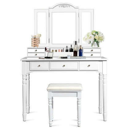 Makeup Dressing Table with Tri-Folding Mirror and Cushioned Stool for Women-Brown