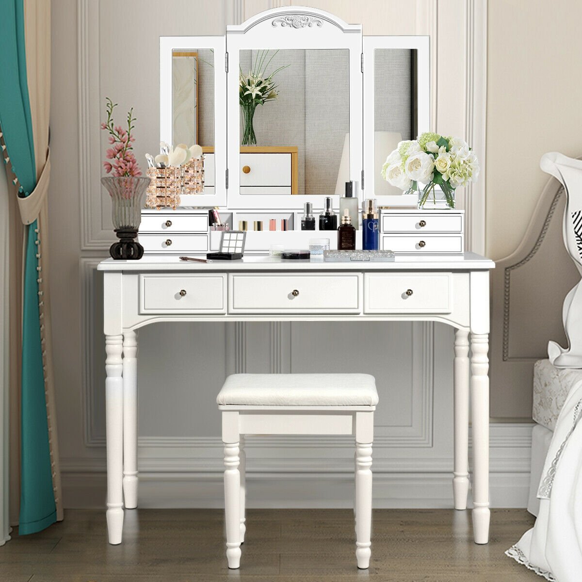 Makeup Dressing Table with Tri-Folding Mirror and Cushioned Stool for Women-Brown