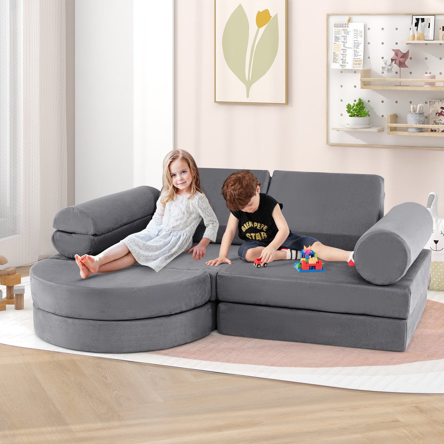 13 Pieces Convertible Modular Kids Play Couch for Nursery Playroom Bedroom-Blue