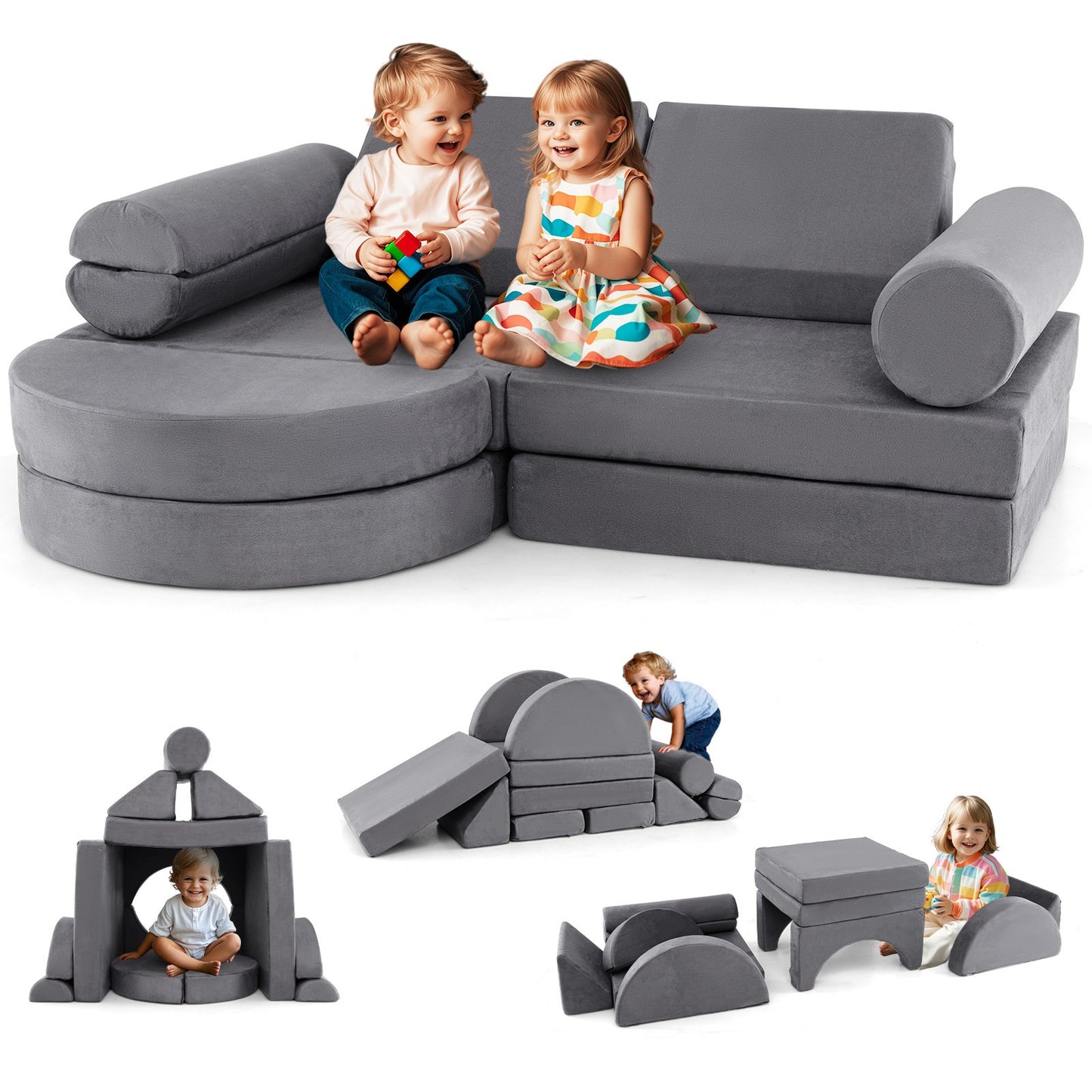 13 Pieces Convertible Modular Kids Play Couch for Nursery Playroom Bedroom-Blue