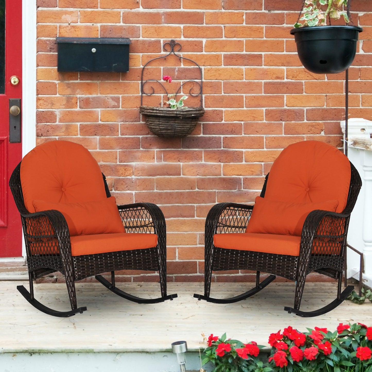 Patio Rattan Rocking Chair with Seat Back Cushions and Waist Pillow-Black