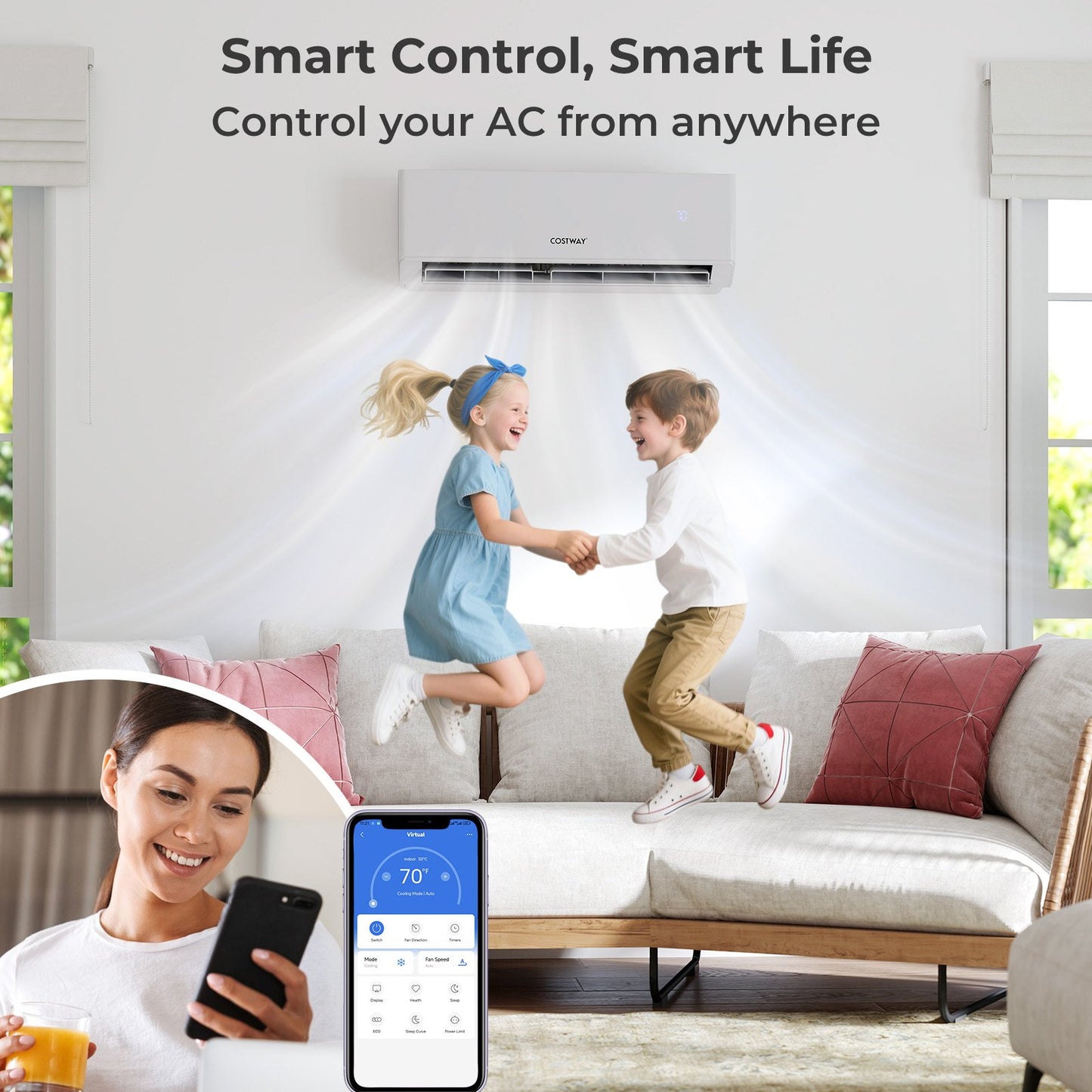 UltrEco Series 18000 BTU 2 Zone 22 SEER2 Mini Split Air Conditioner Wifi Enabled with Heat Pump-7K + 9K