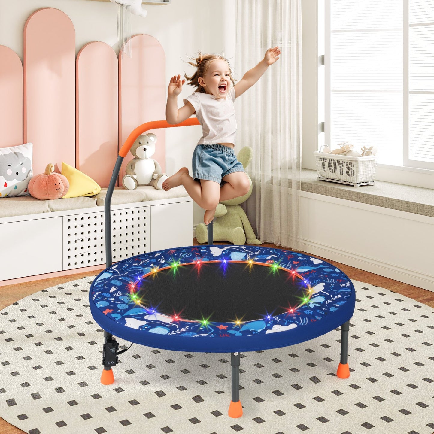 Mini Trampoline Folding Small Rebounder for Kids with Lights-Blue
