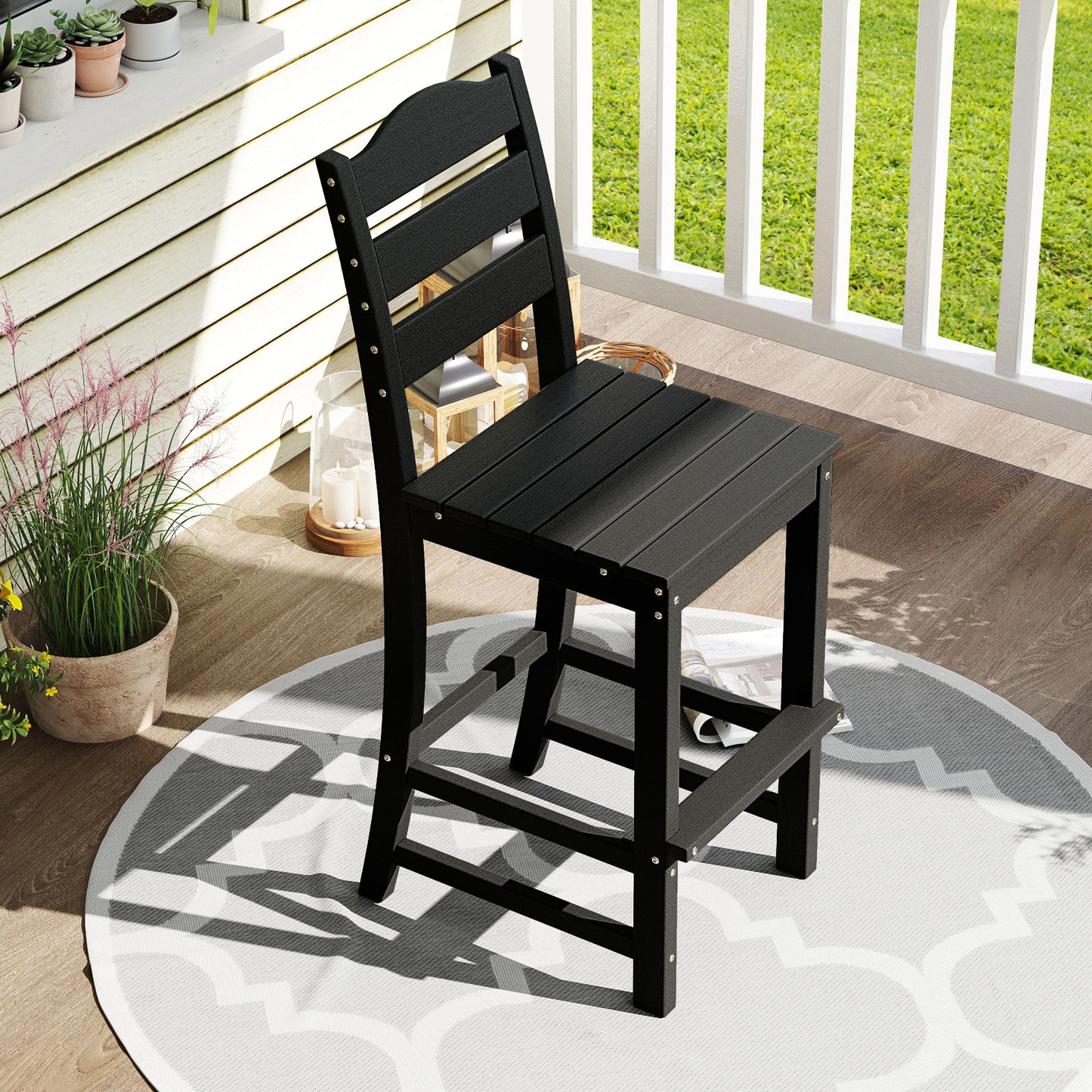 30 Inches Counter Height HDPE Bar Stool with Backrest and Footrest-Black