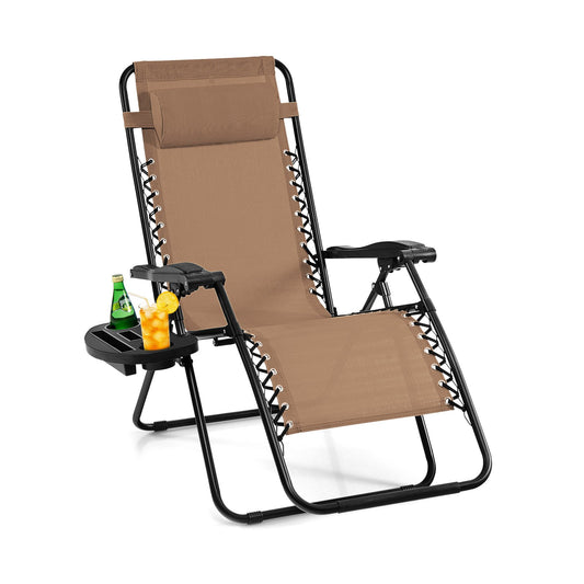 Outdoor Folding Zero Gravity Reclining Lounge Chair with Utility Tray-Beige