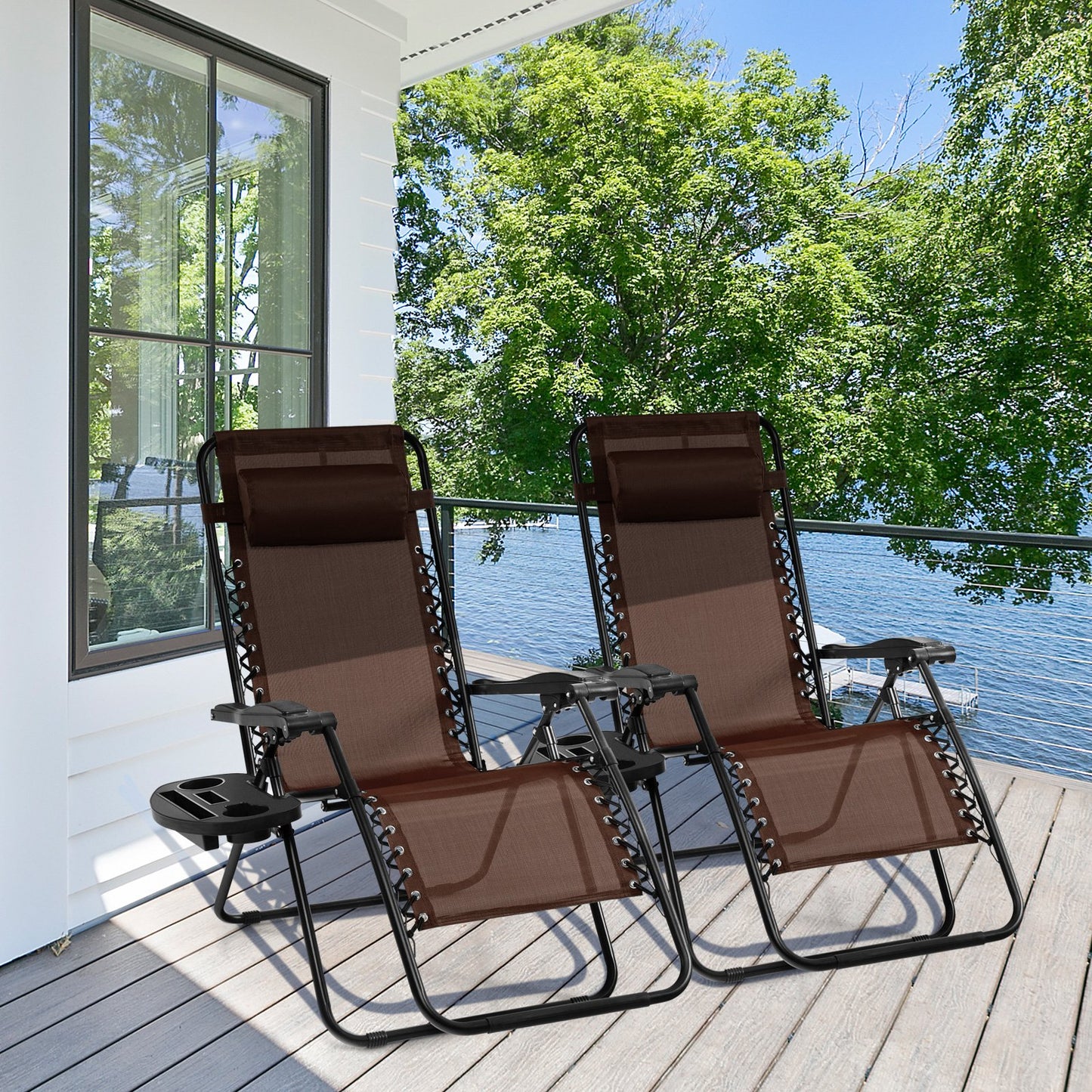Outdoor Folding Zero Gravity Reclining Lounge Chair with Utility Tray-Beige