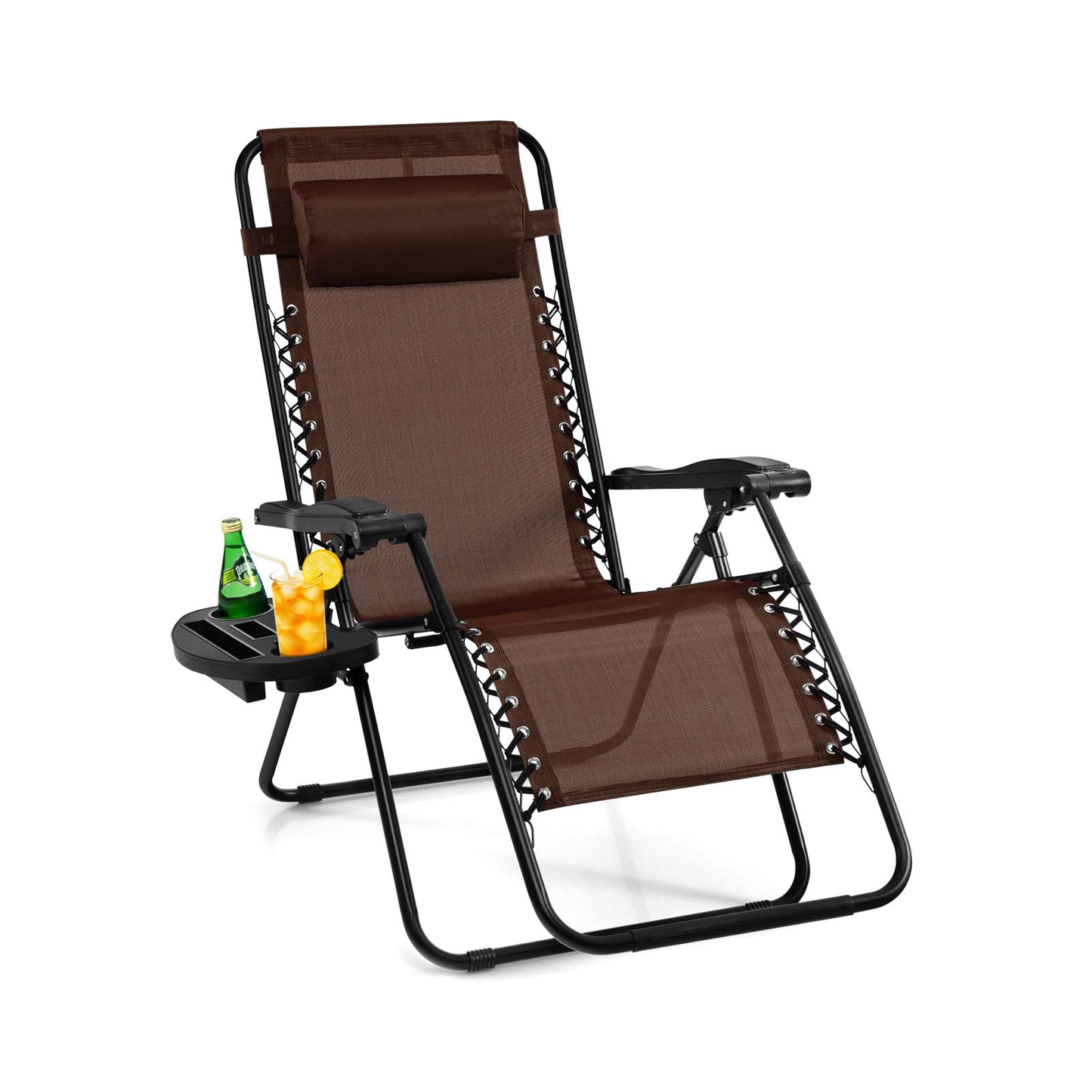 Outdoor Folding Zero Gravity Reclining Lounge Chair with Utility Tray-Beige