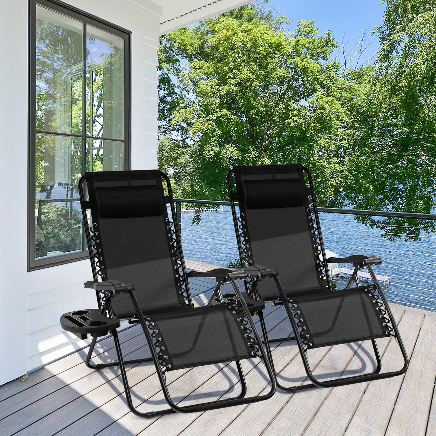 Outdoor Folding Zero Gravity Reclining Lounge Chair with Utility Tray-Beige