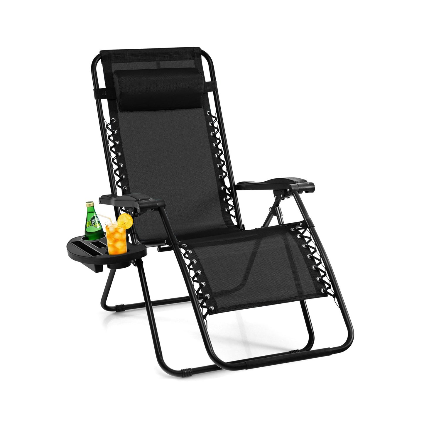 Outdoor Folding Zero Gravity Reclining Lounge Chair with Utility Tray-Beige