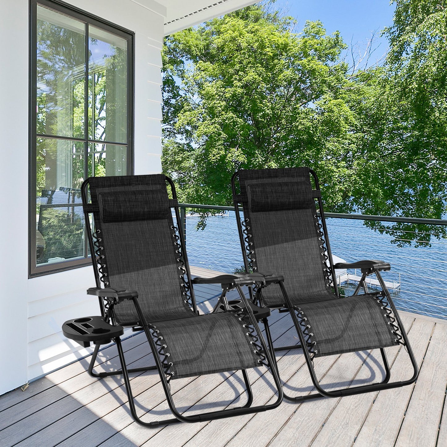 Outdoor Folding Zero Gravity Reclining Lounge Chair with Utility Tray-Beige