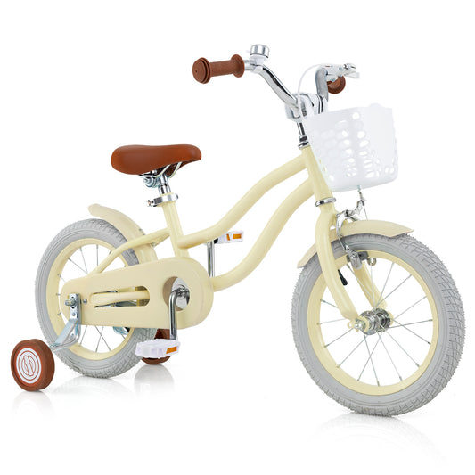 White 14/16/18 inch kids bike with training wheels, adjustable for ages 3-8, from Wilsons Home Store, suitable for young children.