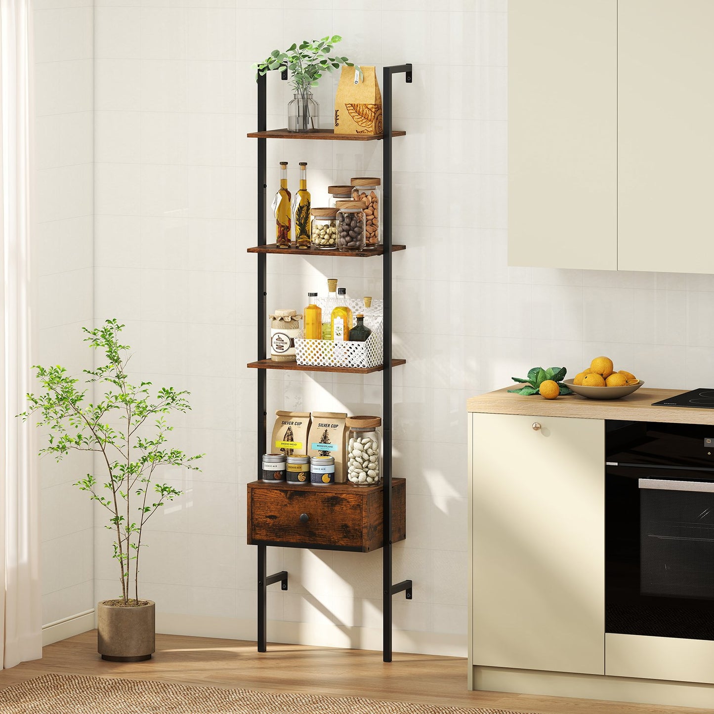 5-Tier Ladder Bookcase with Drawer and Metal Frame for Study Home Office-Rustic Brown