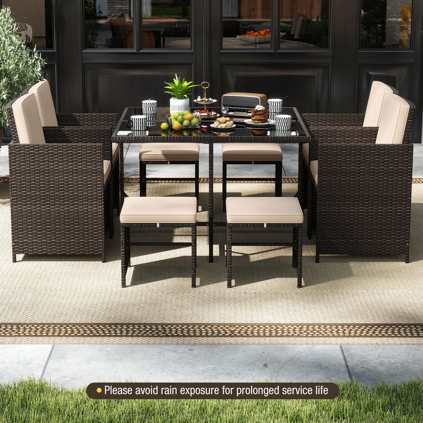9 Piece Patio Dining Set with Tempered Glass Table and Ottoman-Beige