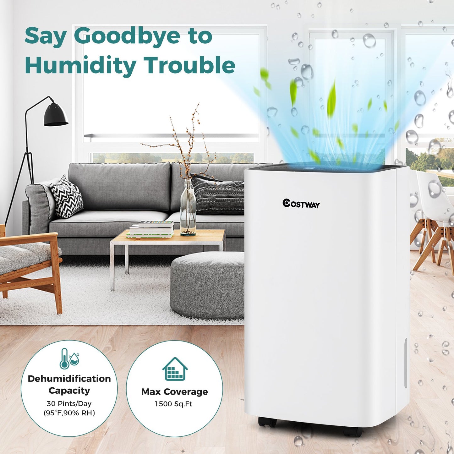 30 Pints 1500 Sq. ft Portable Dehumidifier For Medium To Large Spaces