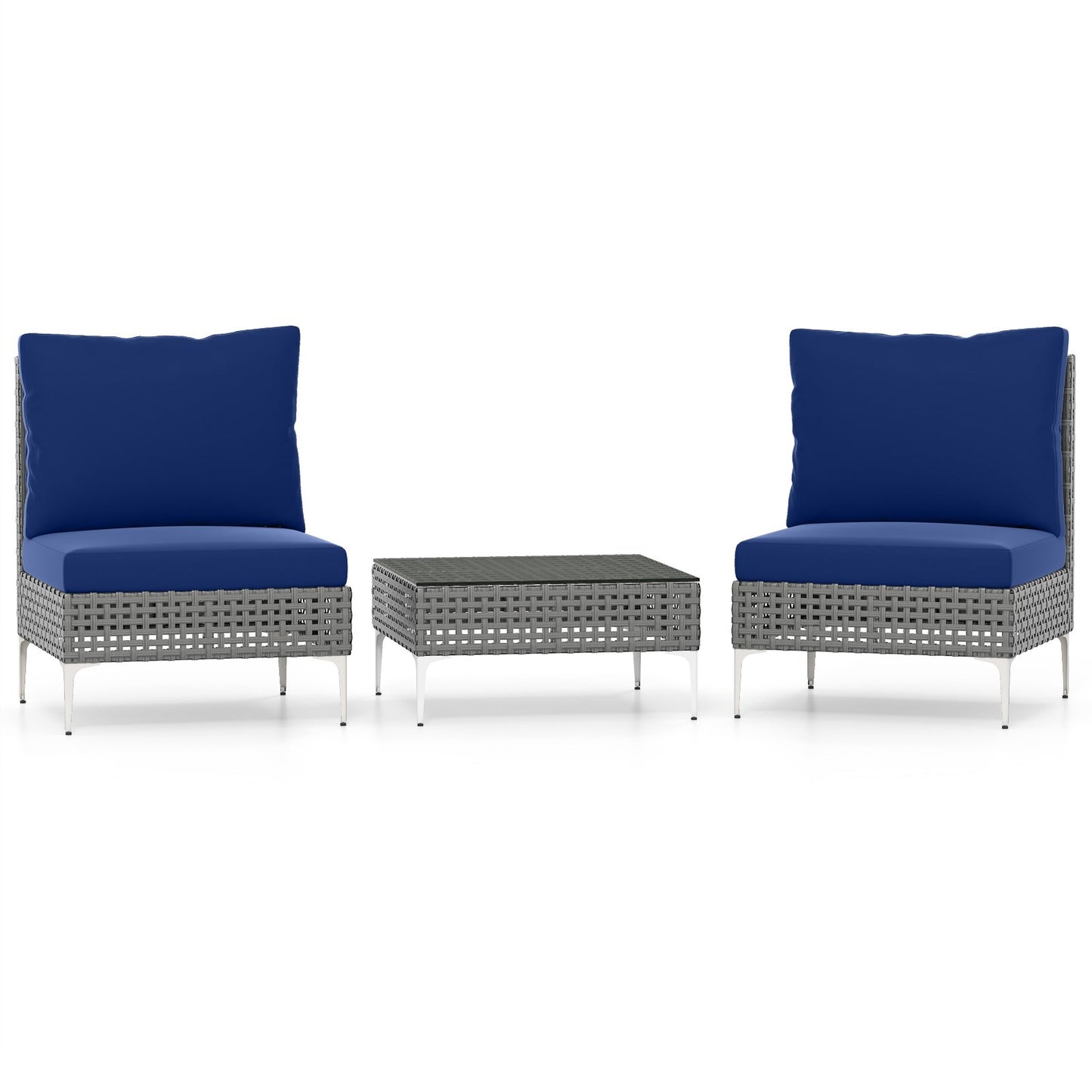 3 Pieces PE Rattan Conversation Chairs with Tempered Glass Coffee Table for Garden Porch-Navy