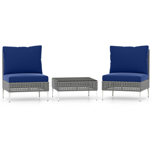3 Pieces PE Rattan Conversation Chairs with Tempered Glass Coffee Table for Garden Porch-Navy