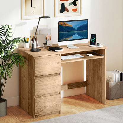 Computer Desk with Power Outlet Keyboard Tray and 3 Large Drawers-Natural