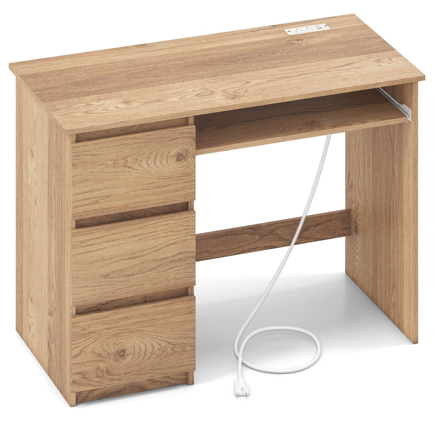 Computer Desk with Power Outlet Keyboard Tray and 3 Large Drawers-Natural
