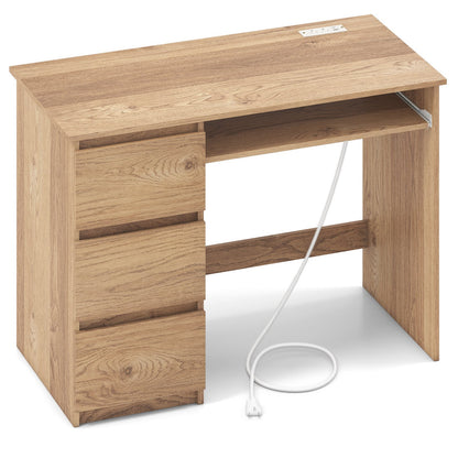 Computer Desk with Power Outlet Keyboard Tray and 3 Large Drawers-Natural