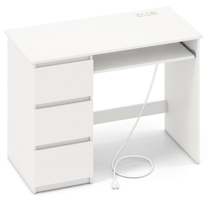 Computer Desk with Power Outlet Keyboard Tray and 3 Large Drawers-Natural