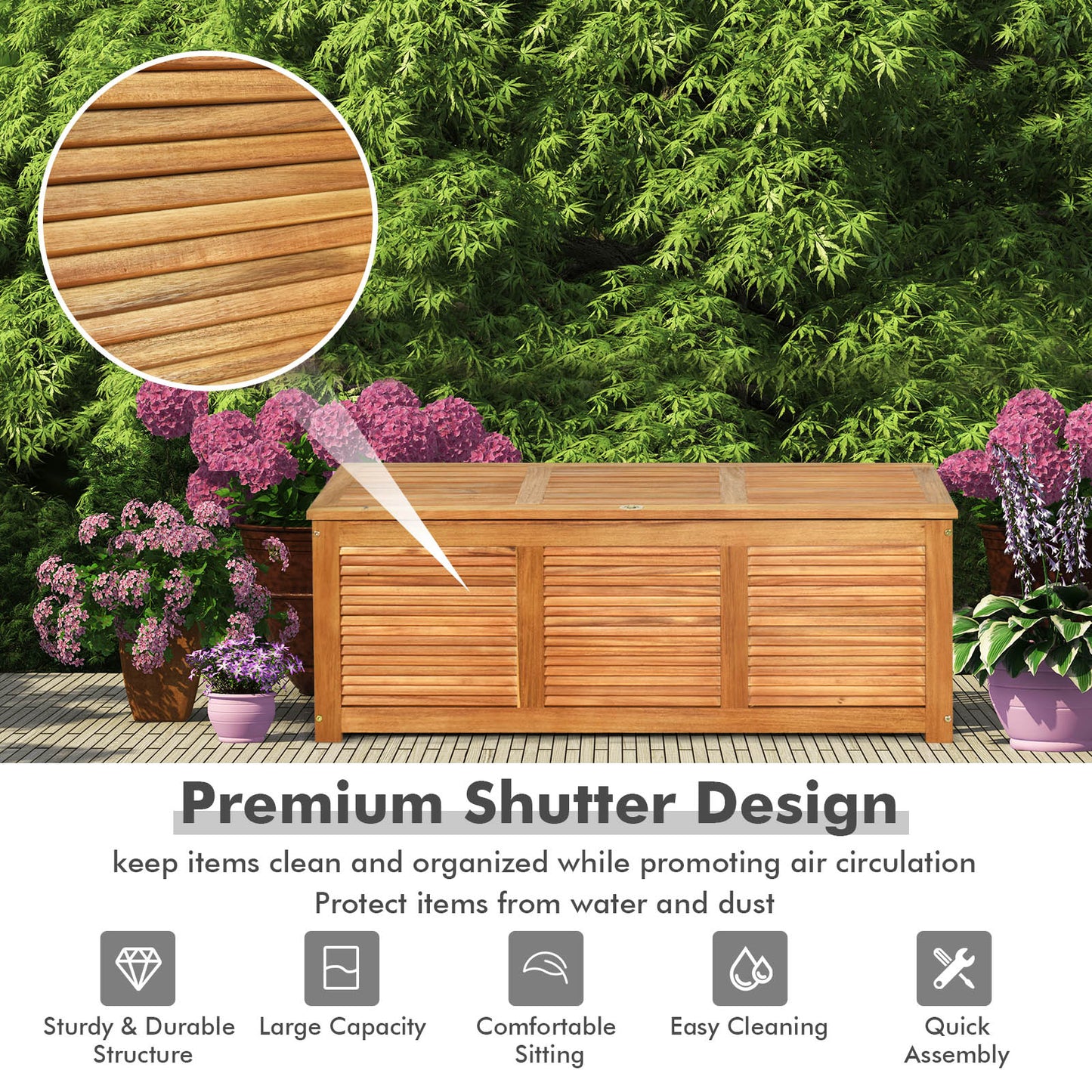 46 Gallon Acacia Wood Storage Bench Box for Patio Garden Deck